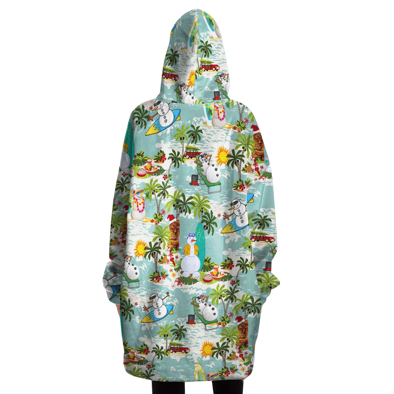 Christmas Snowman Surfing Cozy Hawaiian Hoodie Blanket For Women