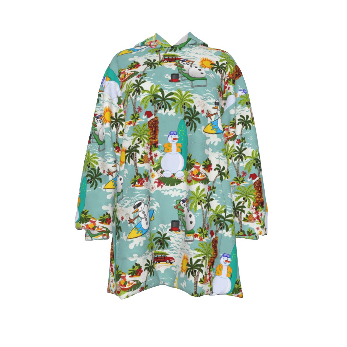 Christmas Snowman Surfing Cozy Hawaiian Hoodie Blanket For Women