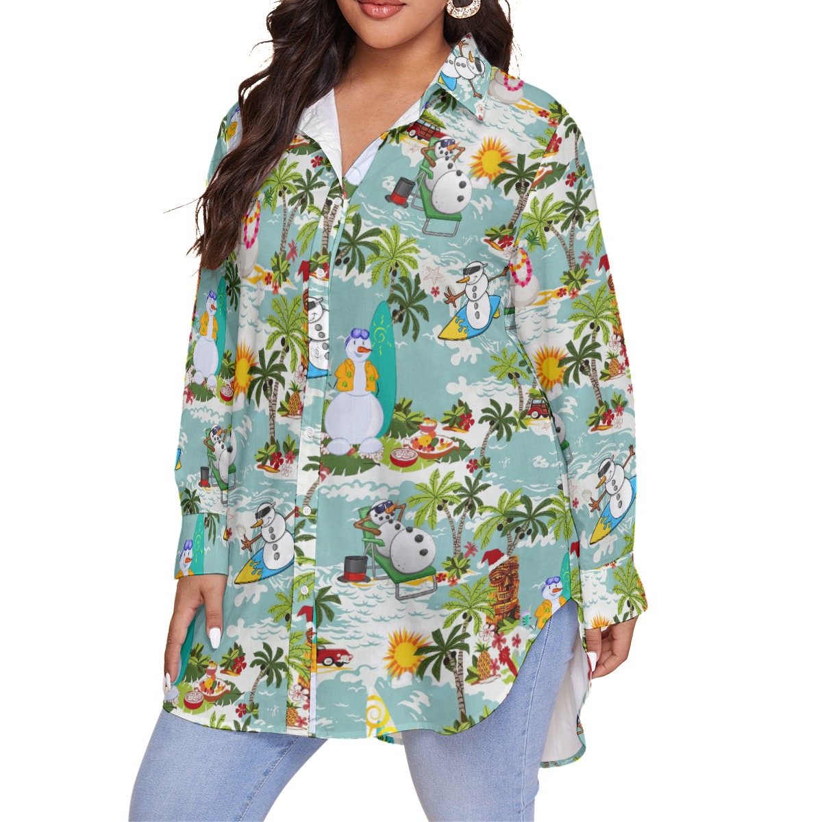 Christmas Snowman Tropical Hawaiian Plus Size Shirt For Women