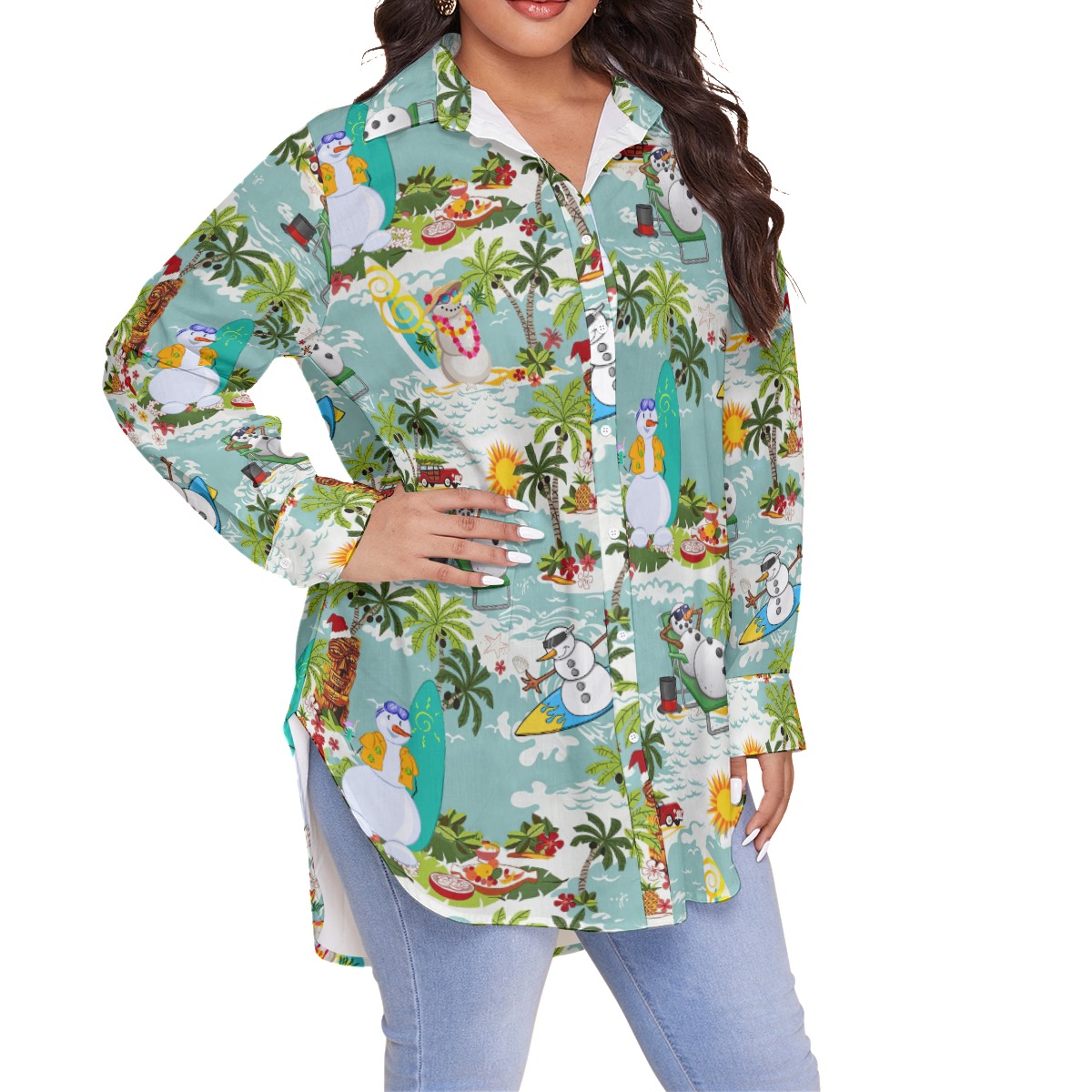 Christmas Snowman Tropical Hawaiian Plus Size Shirt For Women