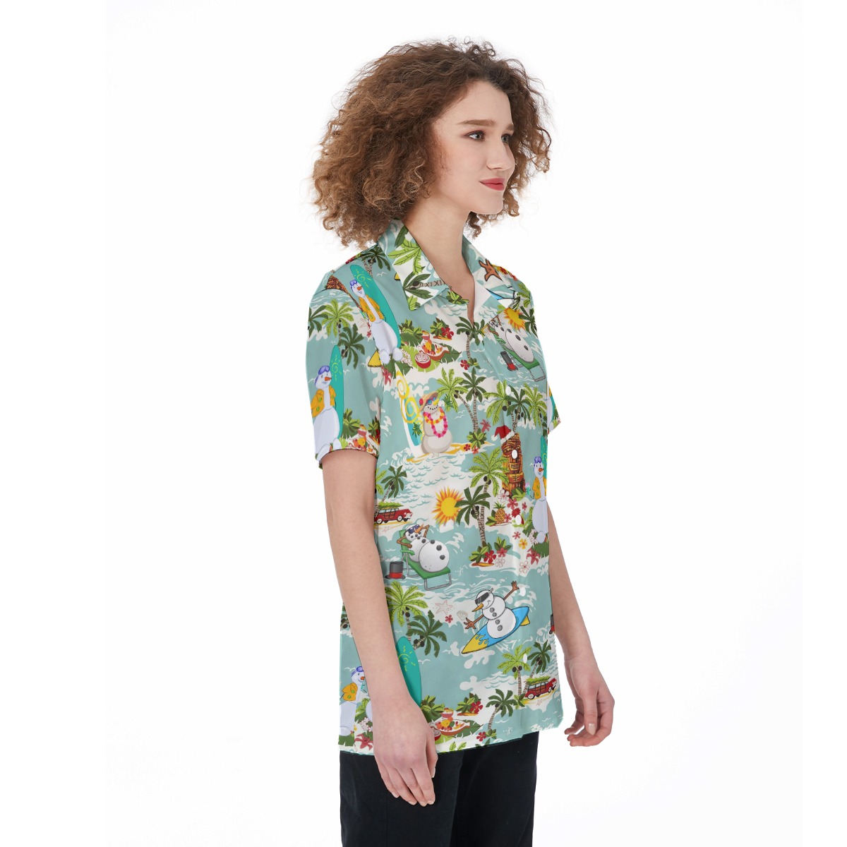 Christmas Snowman Surfing Hawaiian Button Up Shirt For Women