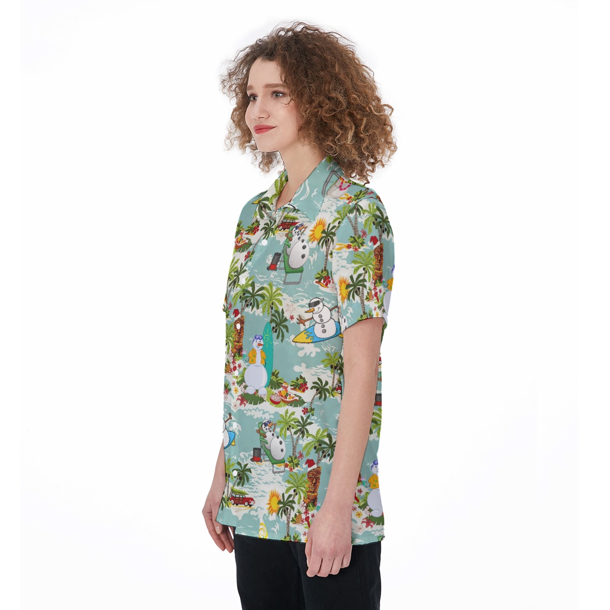 Christmas Snowman Surfing Hawaiian Button Up Shirt For Women