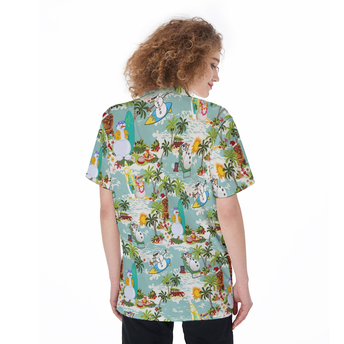 Christmas Snowman Surfing Hawaiian Button Up Shirt For Women