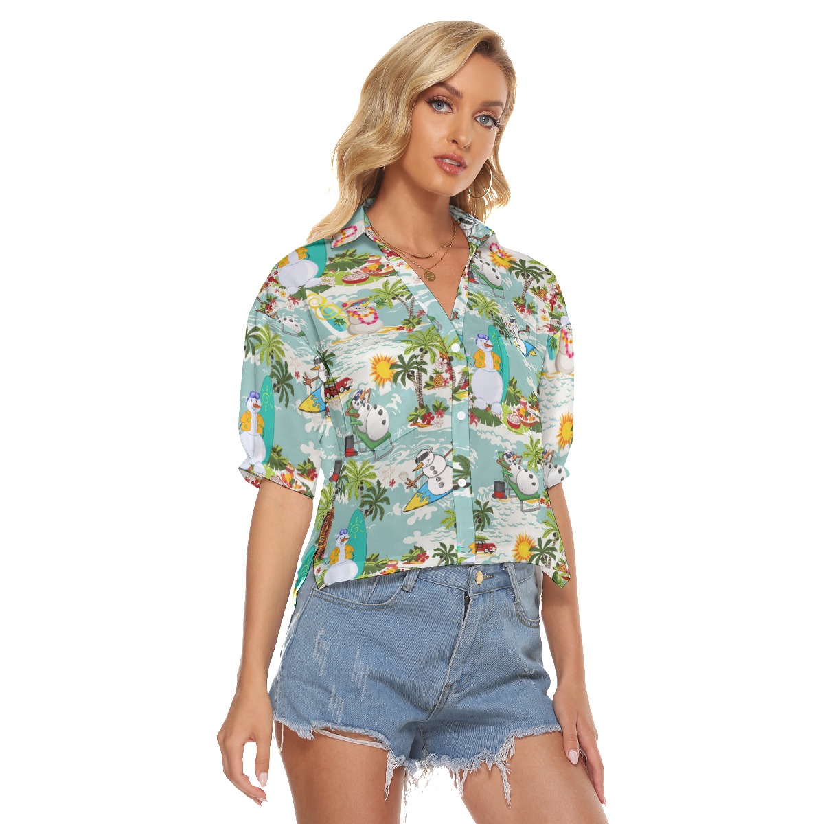 Christmas Snowman Tropical Hawaiian Crop Top Shirt For Women
