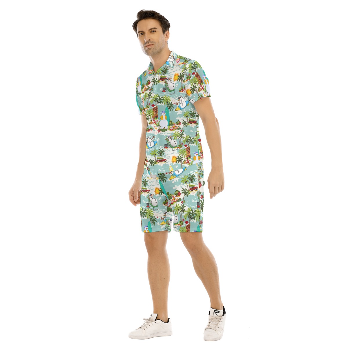 Snowman Surfing Tropical Hawaiian Shirt And Shorts For Men