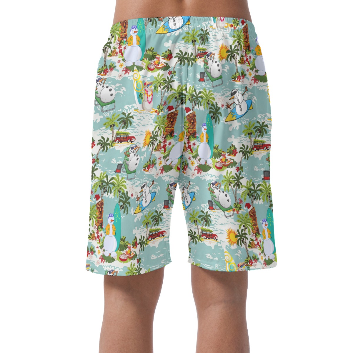 Christmas Snowman Surfing Aloha Beach Shorts For Men