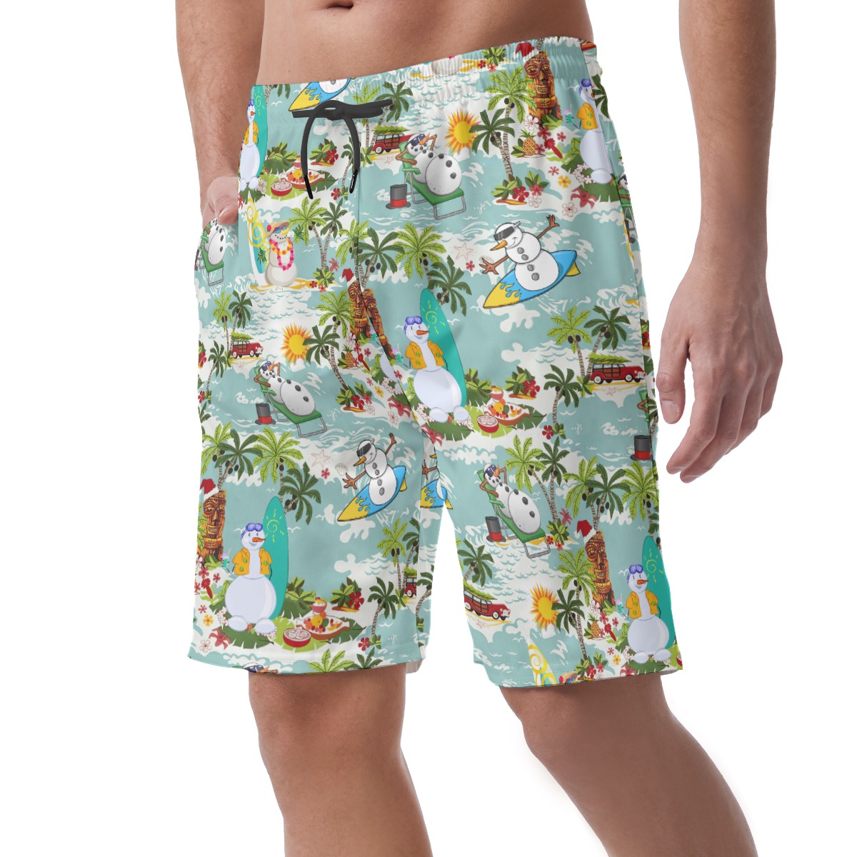 Christmas Snowman Surfing Aloha Beach Shorts For Men