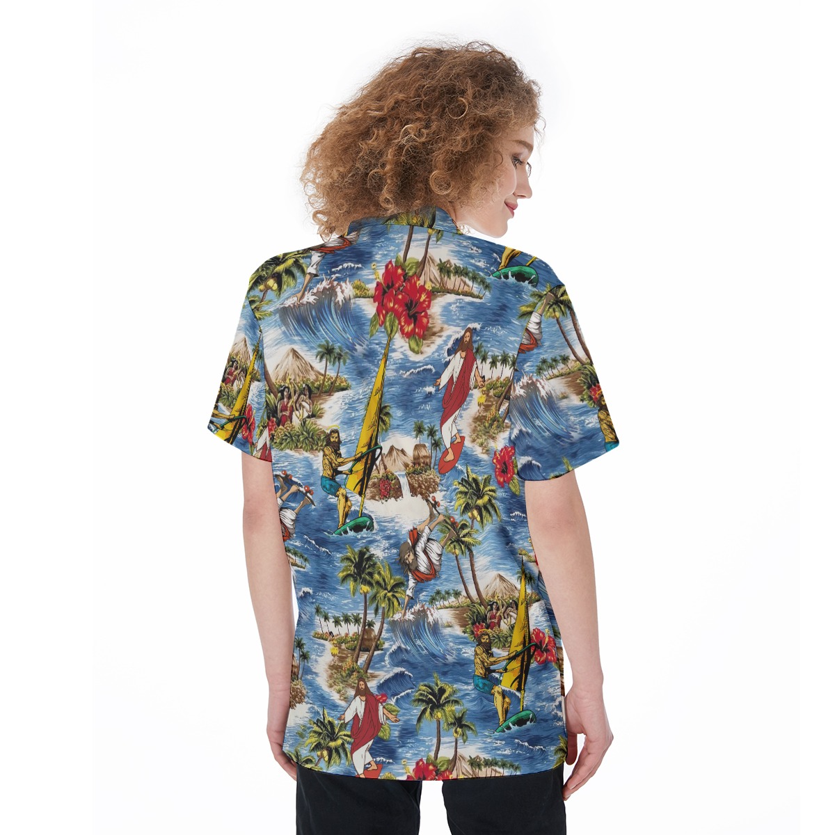 Funny Jesus Surfing Hawaiian Shirt For Women