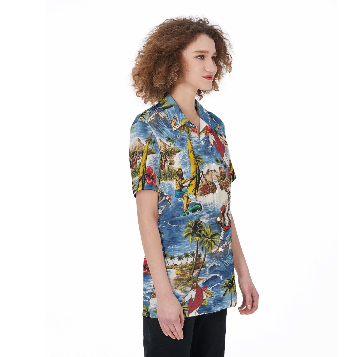 Funny Jesus Surfing Hawaiian Shirt For Women
