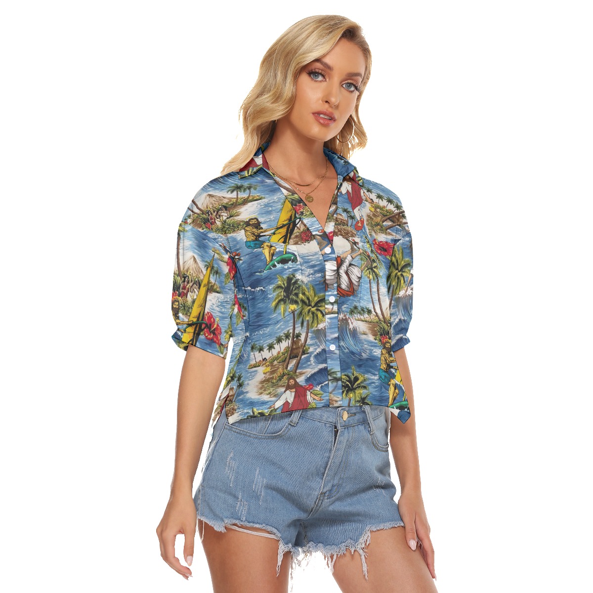 Jesus Surfing Tropical Hawaiian Crop Top Shirt For Women