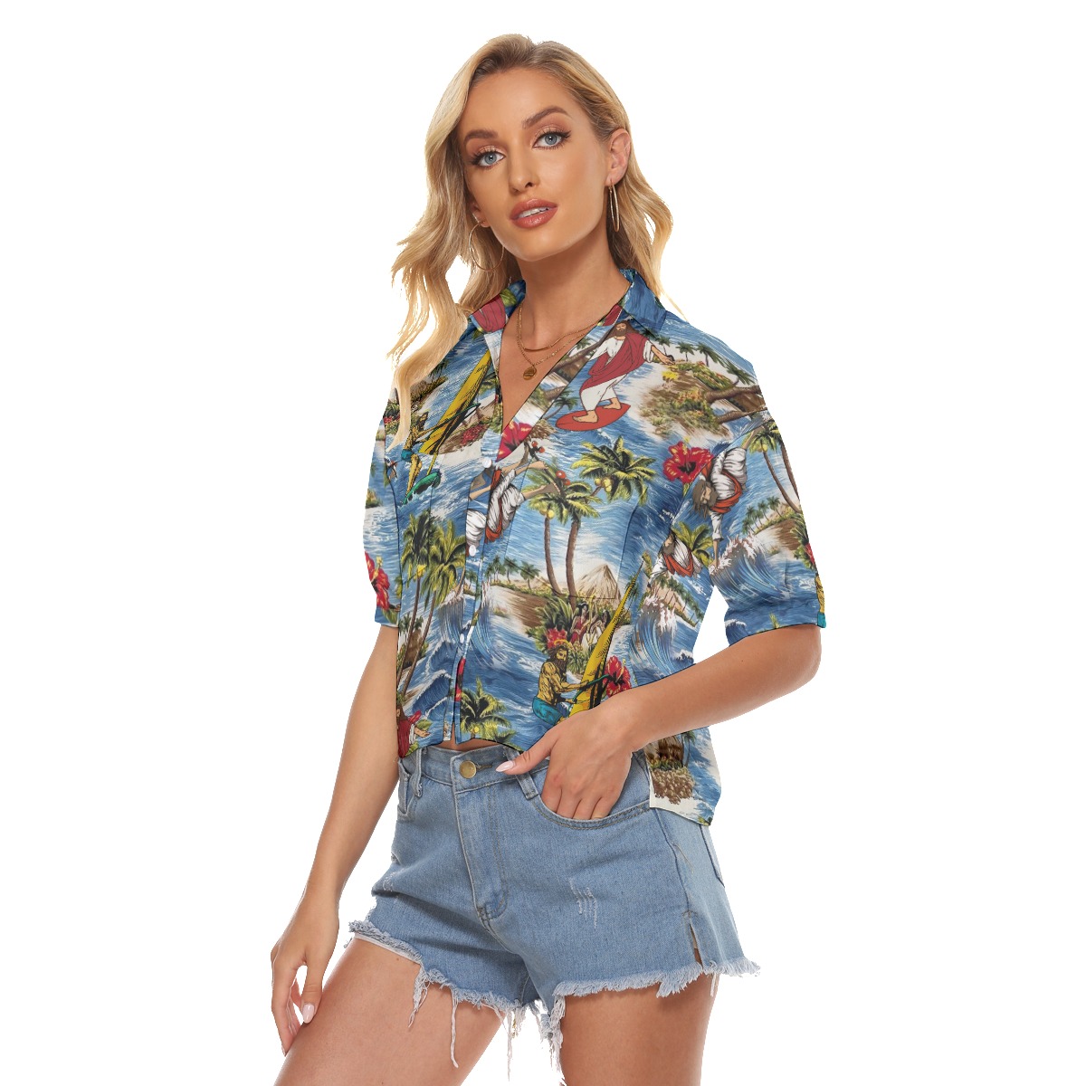 Jesus Surfing Tropical Hawaiian Crop Top Shirt For Women