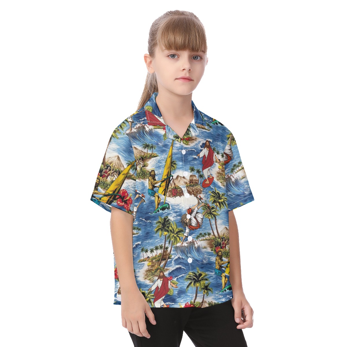 Funny Jesus Surfing Aloha Shirt For Kids