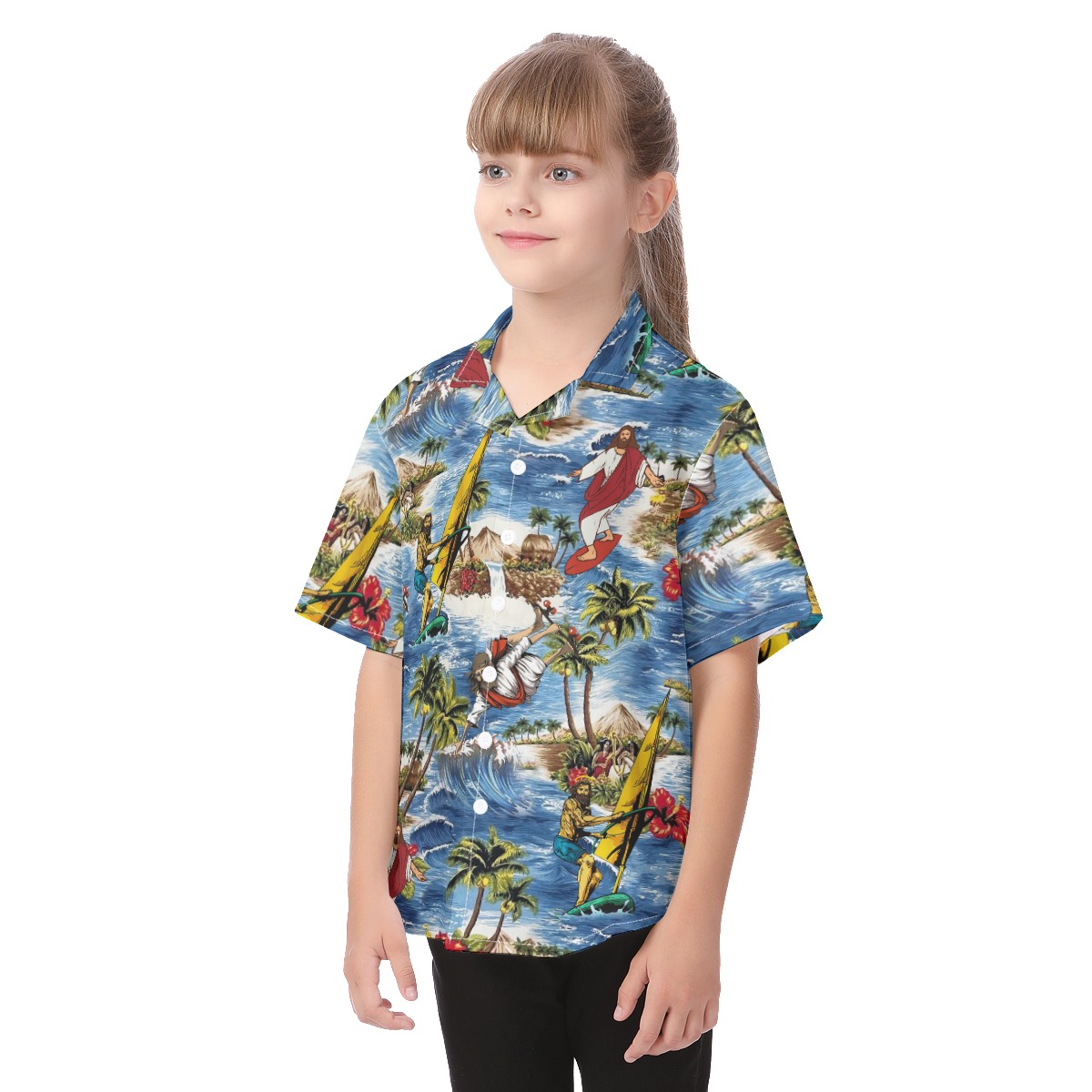 Funny Jesus Surfing Aloha Shirt For Kids