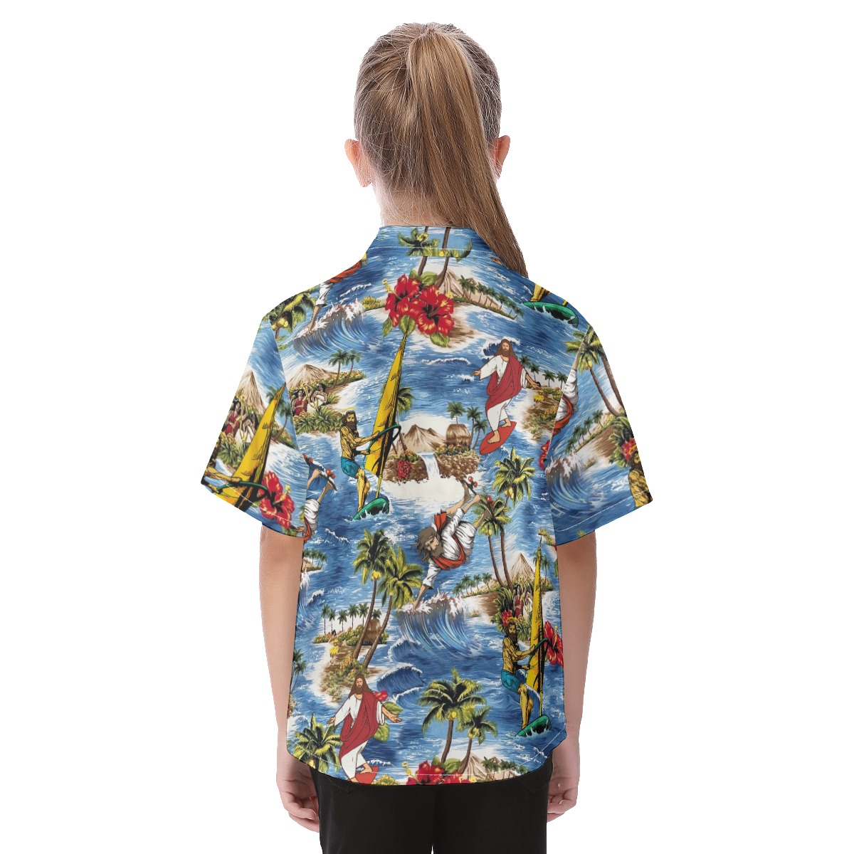 Funny Jesus Surfing Aloha Shirt For Kids