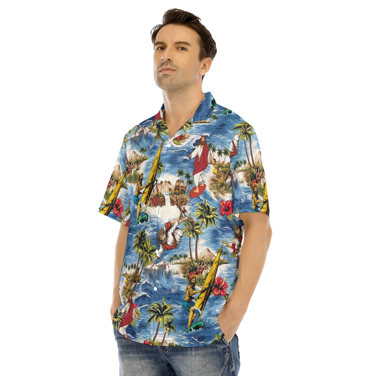Funny Jesus Surfing Christmas Hawaiian Shirt