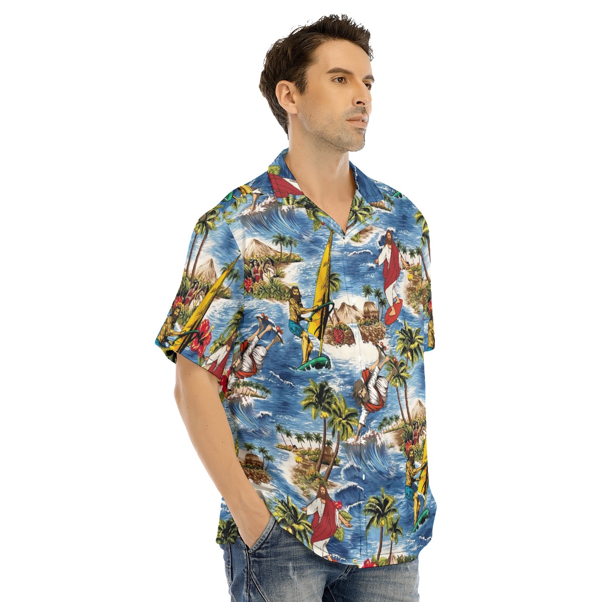 Funny Jesus Surfing Christmas Hawaiian Shirt