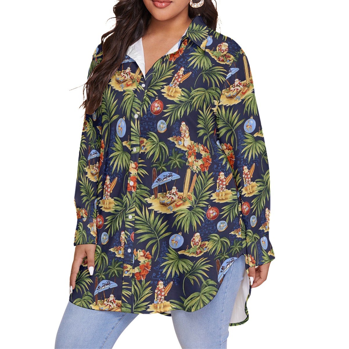 Cute Santa Claus On Beach Hawaiian Plus Size Shirt For Women