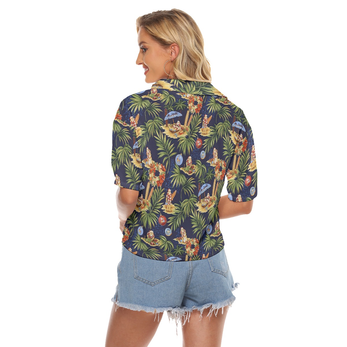 Tropical Santa Claus Christmas Hawaiian Cropped Shirt For Women