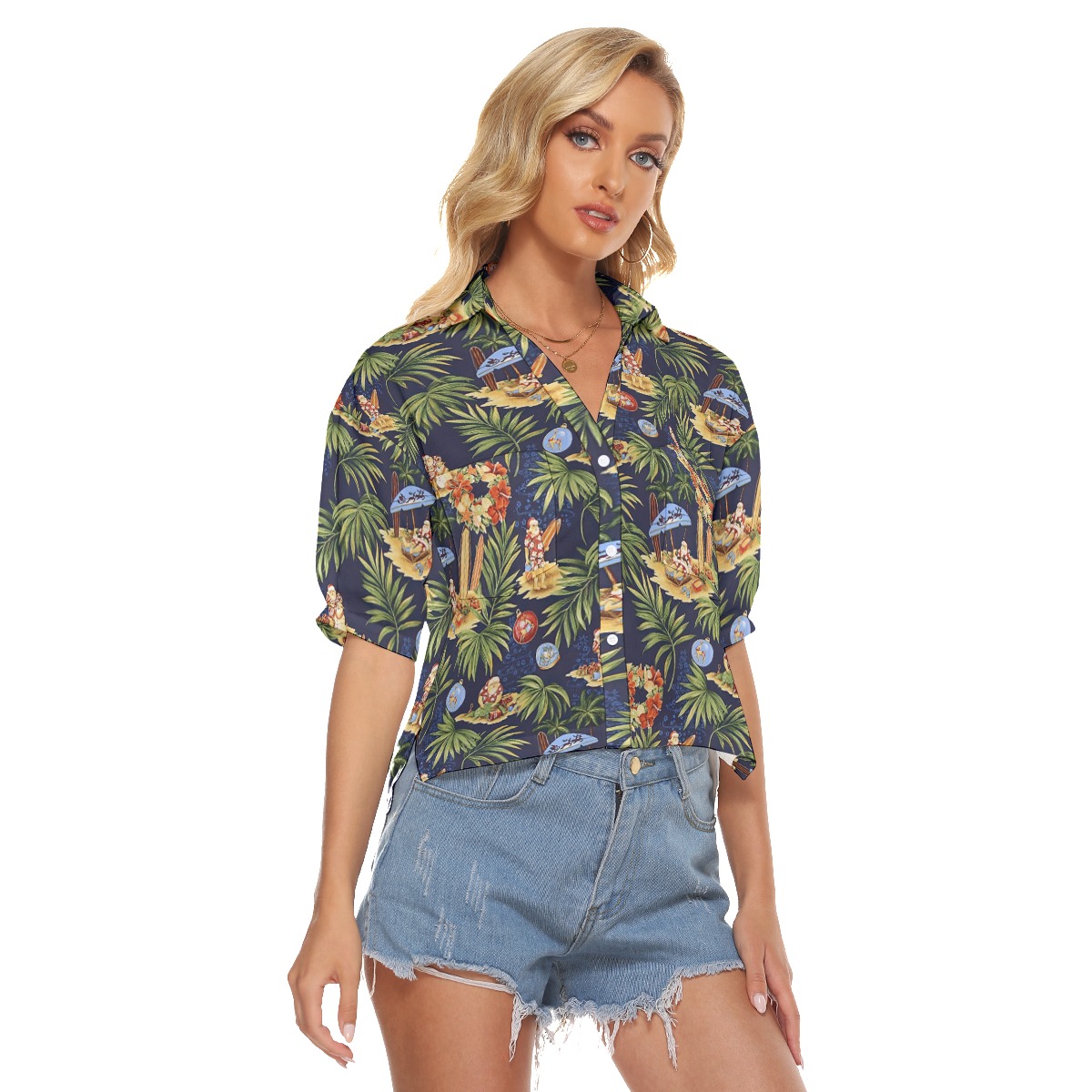 Tropical Santa Claus Christmas Hawaiian Cropped Shirt For Women
