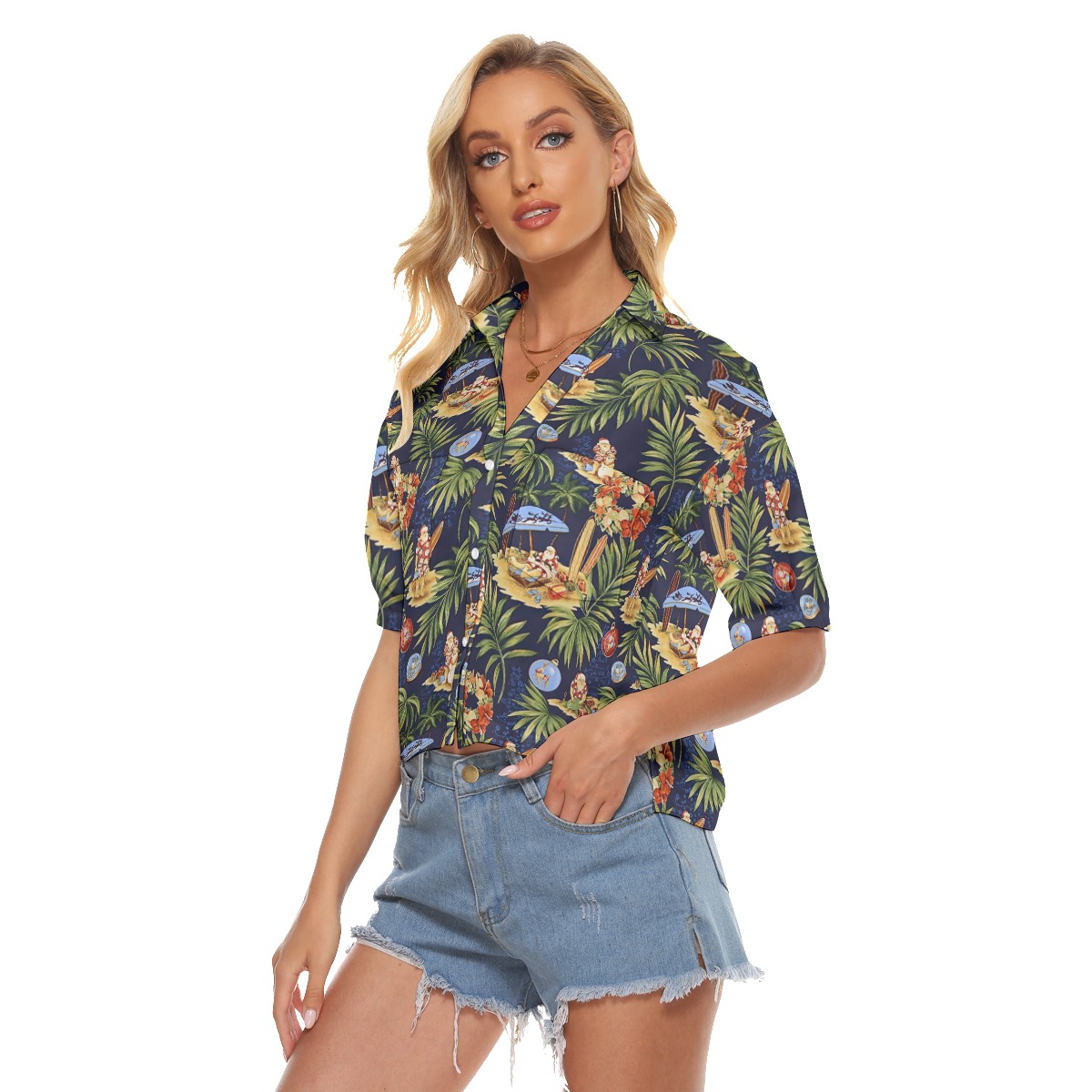 Tropical Santa Claus Christmas Hawaiian Cropped Shirt For Women