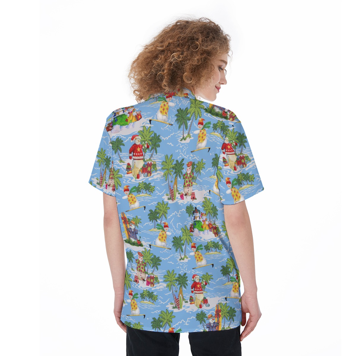 Christmas Snowman Tropical Aloha Button Up Shirt For Women