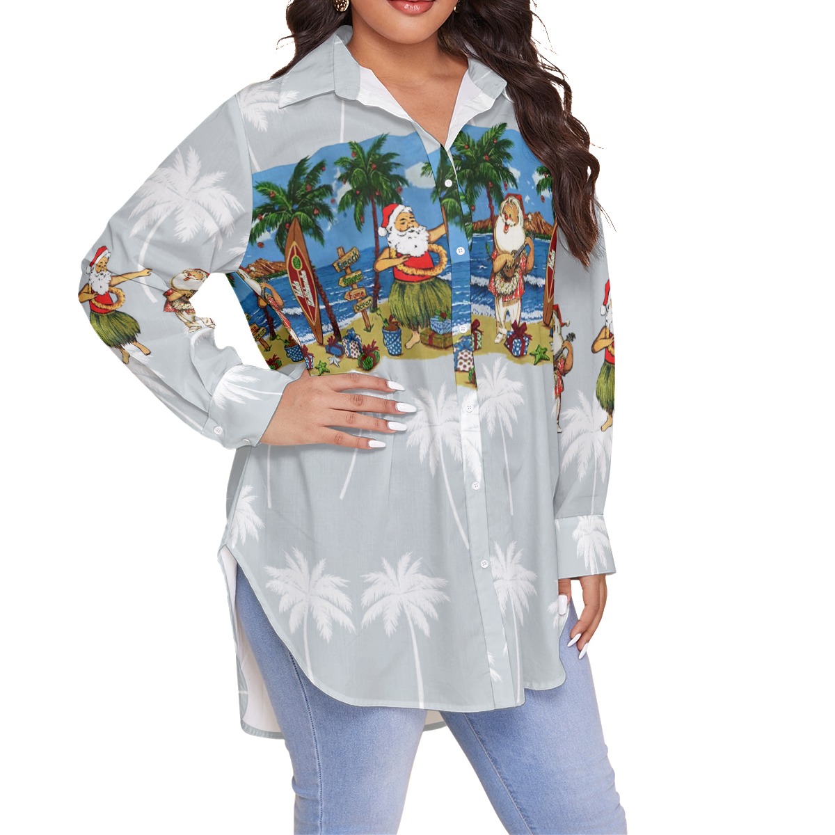 Cute Santa Claus On Beach Plus Size Hawaiian Shirt For Women