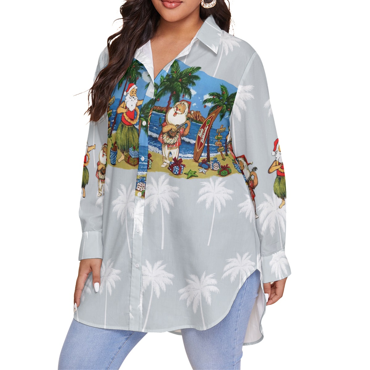 Cute Santa Claus On Beach Plus Size Hawaiian Shirt For Women