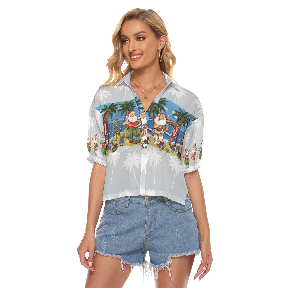 Christmas Hula Santa Hawaiian Crop Top Shirt For Women - variant image 1