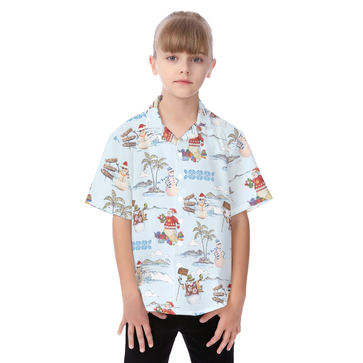 Cute Christmas Snowman Hawaiian Button Up Shirt For Kids - variant image 1