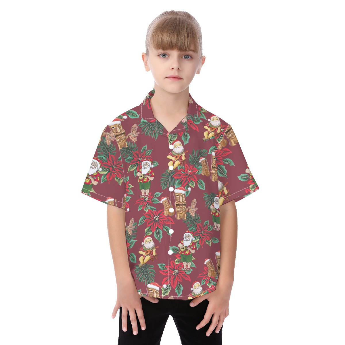 Cute Christmas Tiki And Santa Hawaiian Shirt For Kids - variant image 1
