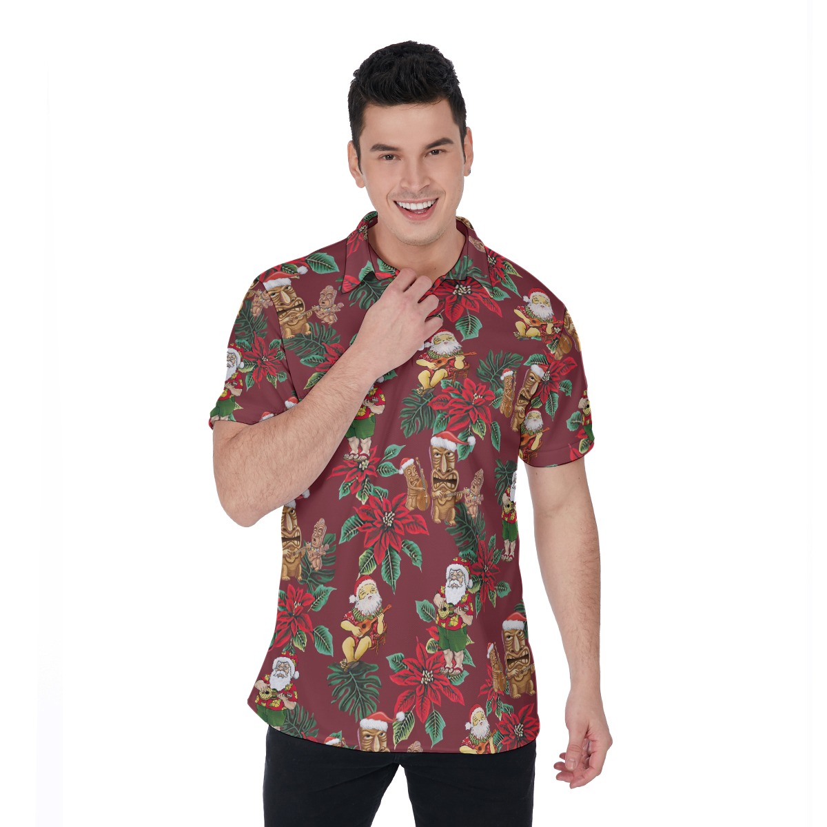 Poinsettia Flowers Santa Hawaiian Polo Shirt For Men - variant image 1