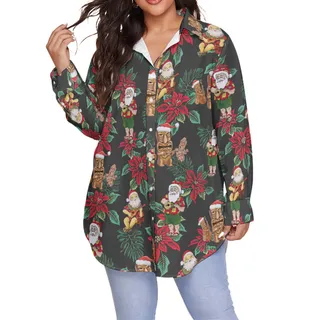 Santa Claus And Tiki Christmas Women's Plus Size Hawaiian Shirt