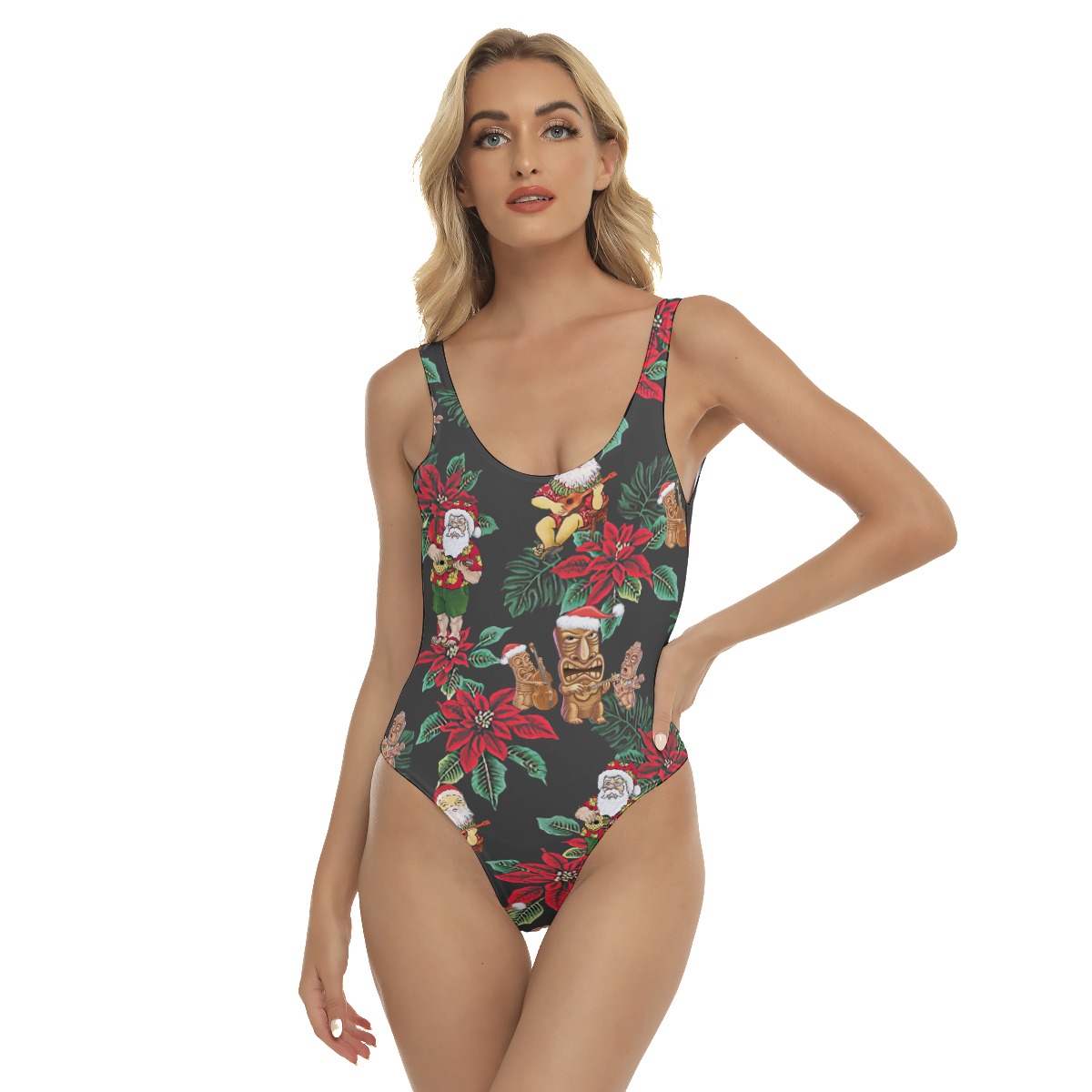 Santa Claus Mix Poinsettia Christmas Hawaiian Swimsuit For Women - variant image 1
