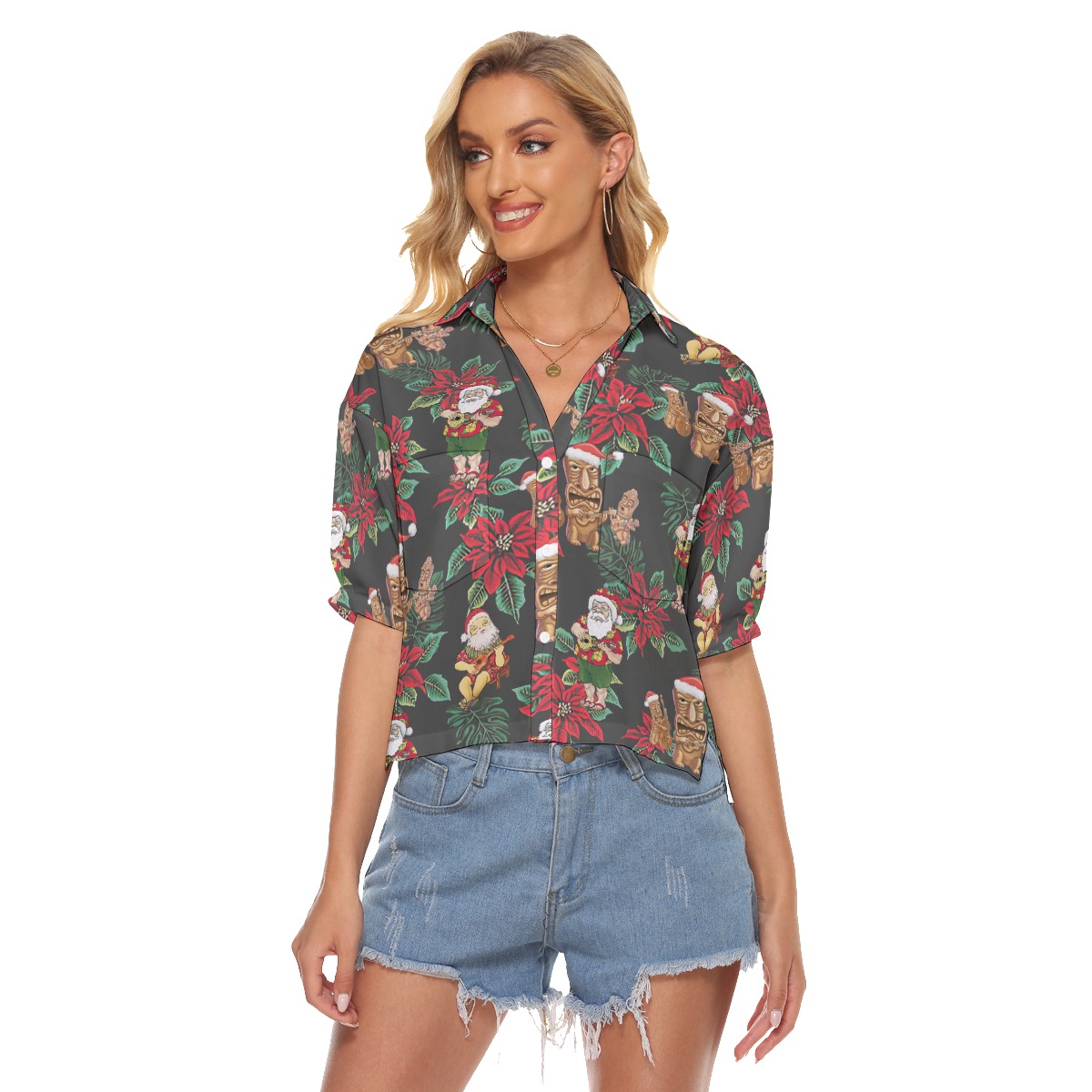 Christmas Tiki And Santa Claus Aloha Crop Top Shirt For Women - variant image 1