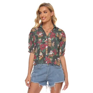 Christmas Tiki And Santa Claus Aloha Crop Top Shirt For Women