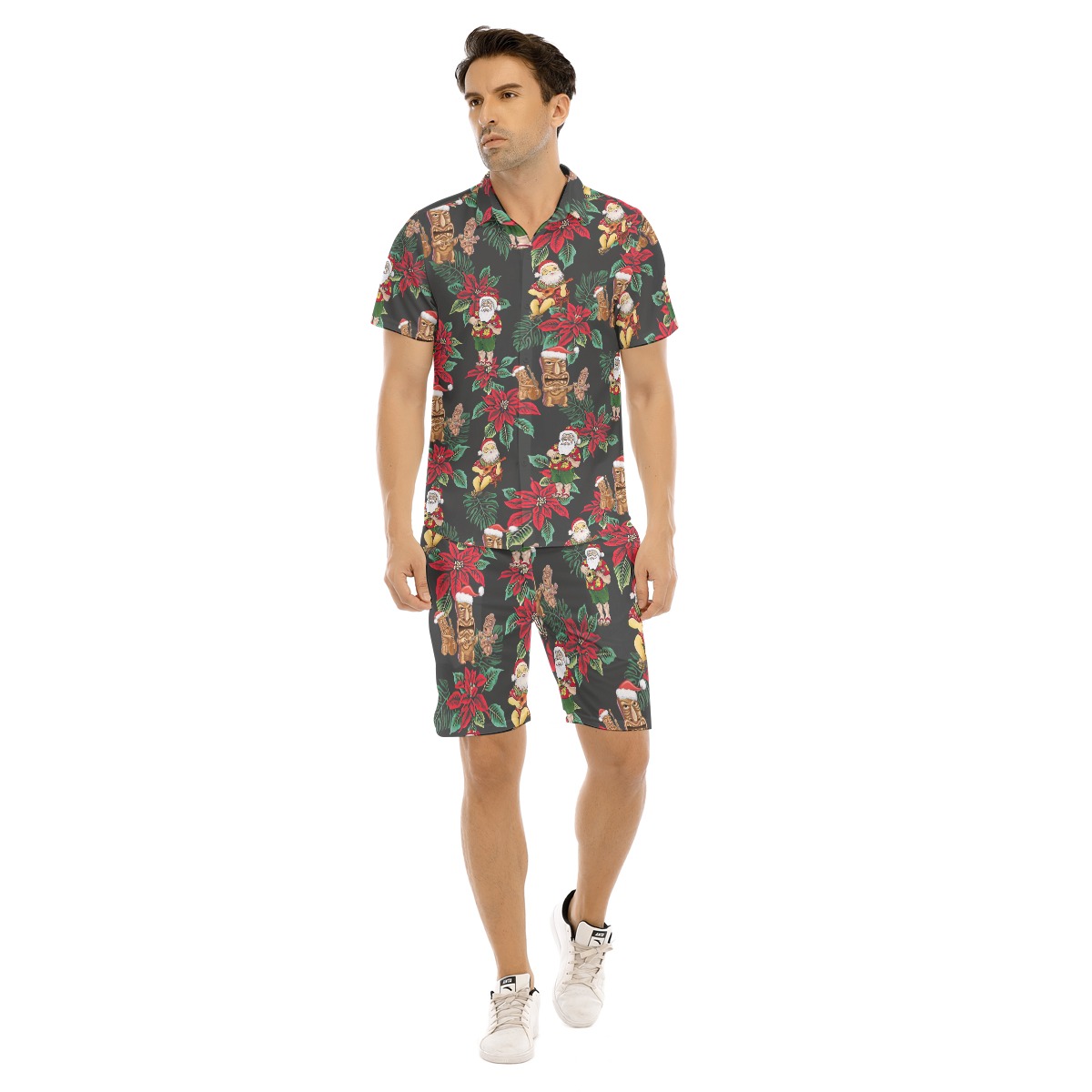Santa And Tiki Poinsettia Flowers Christmas Hawaiian Shirt And Shorts For Men - variant image 1