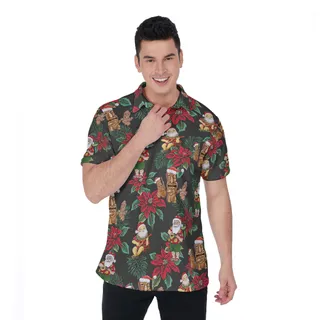 Santa Claus And Tiki Christmas Aloha Polo Shirt For Men