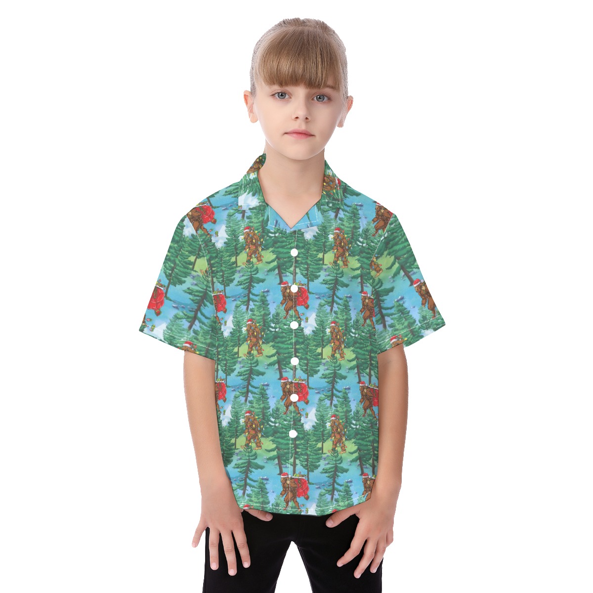Bigfoot Christmas Hawaiian Button Up Shirt For Kids - variant image 1
