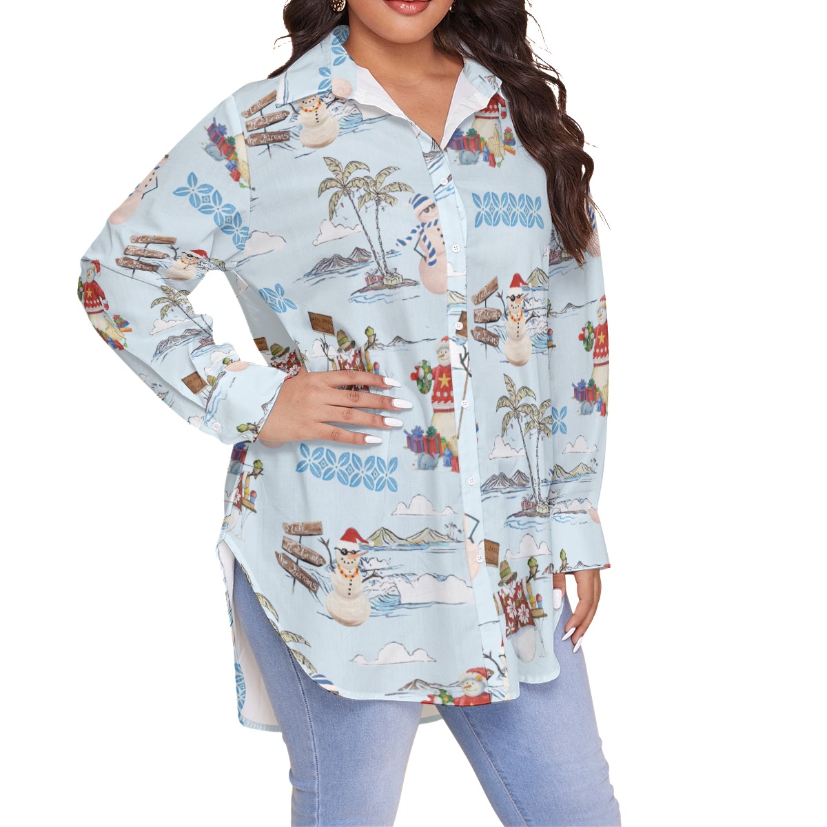 Cute Snowman Christmas Plus Size Hawiian Shirt For Women