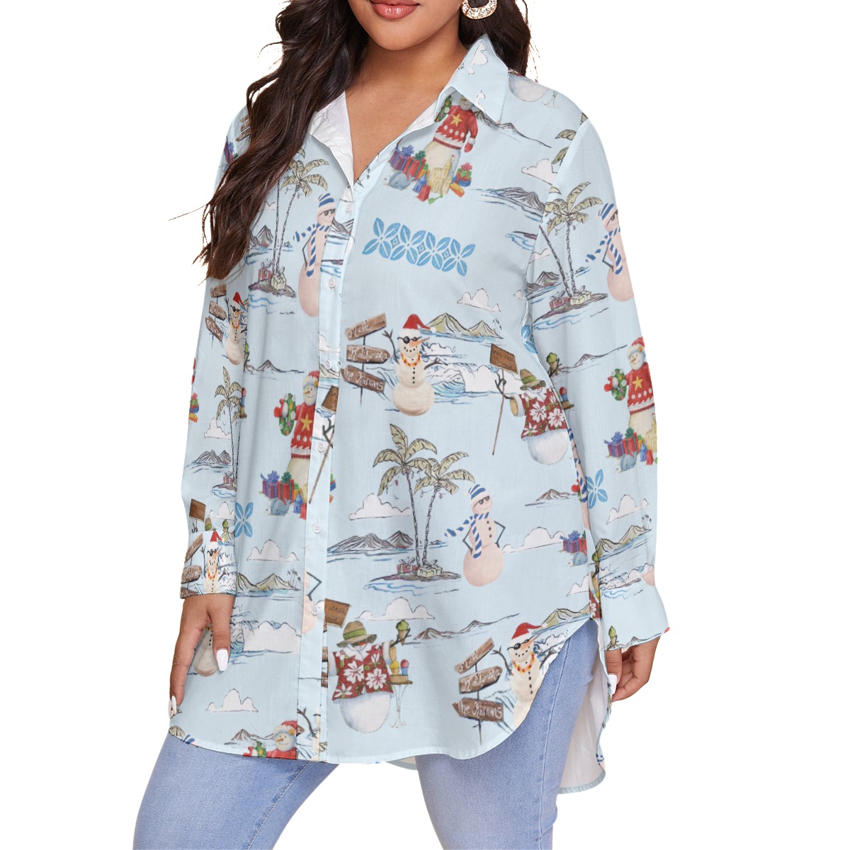 Cute Snowman Christmas Plus Size Hawiian Shirt For Women