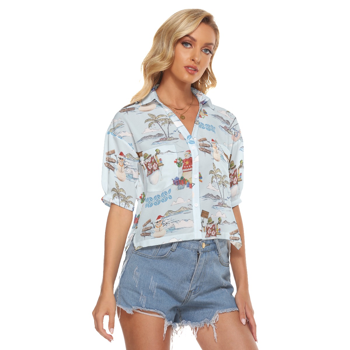 Christmas Snowman Hawaiian Crop Top Shirt For Women