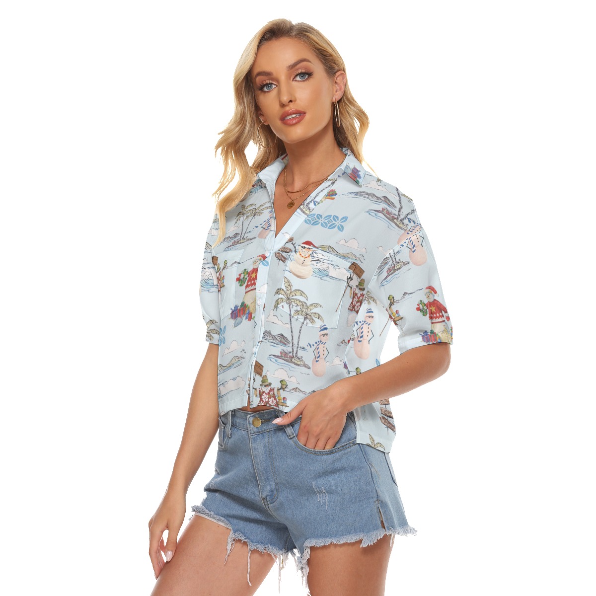 Christmas Snowman Hawaiian Crop Top Shirt For Women