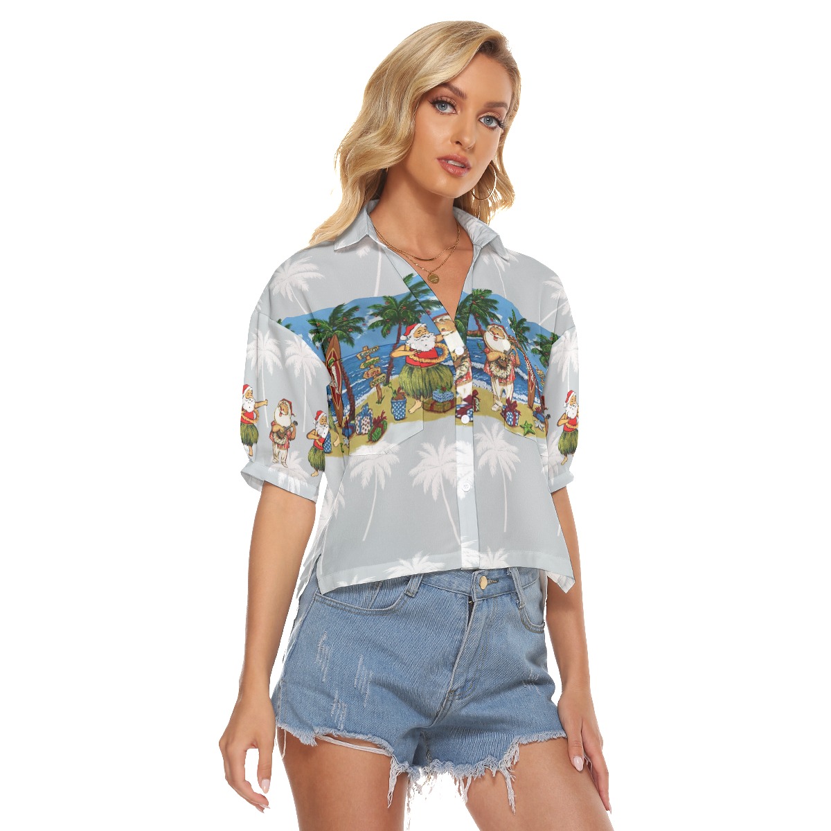 Christmas Hula Santa Hawaiian Crop Top Shirt For Women