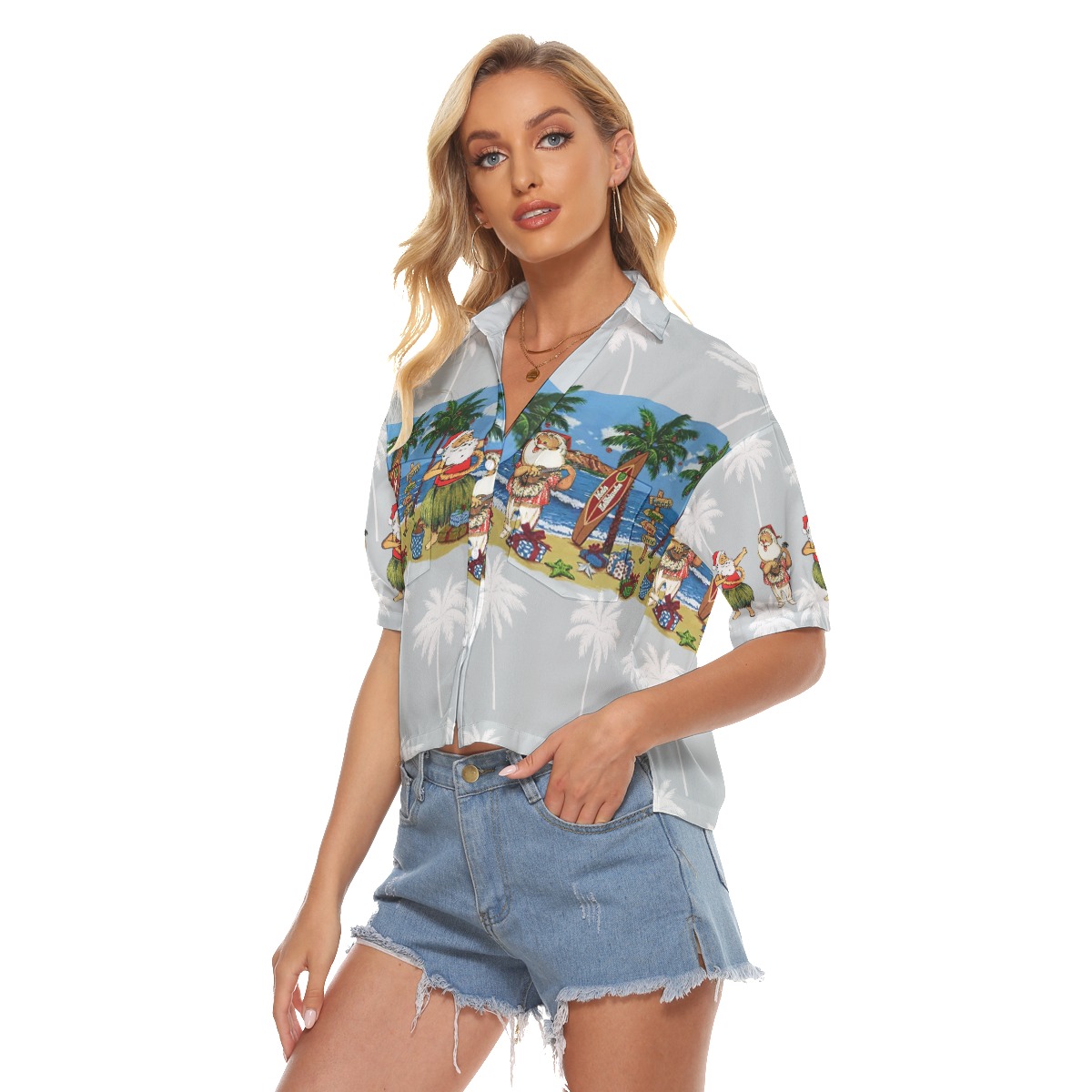 Christmas Hula Santa Hawaiian Crop Top Shirt For Women