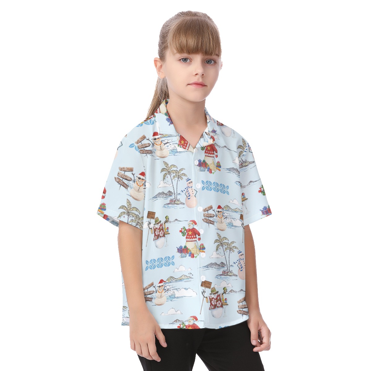 Cute Christmas Snowman Hawaiian Button Up Shirt For Kids