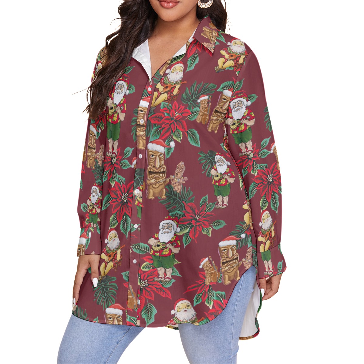 Cute Santa Claus Playing Ukulele Christmas Women's Plus Size Hawaiian Shirt
