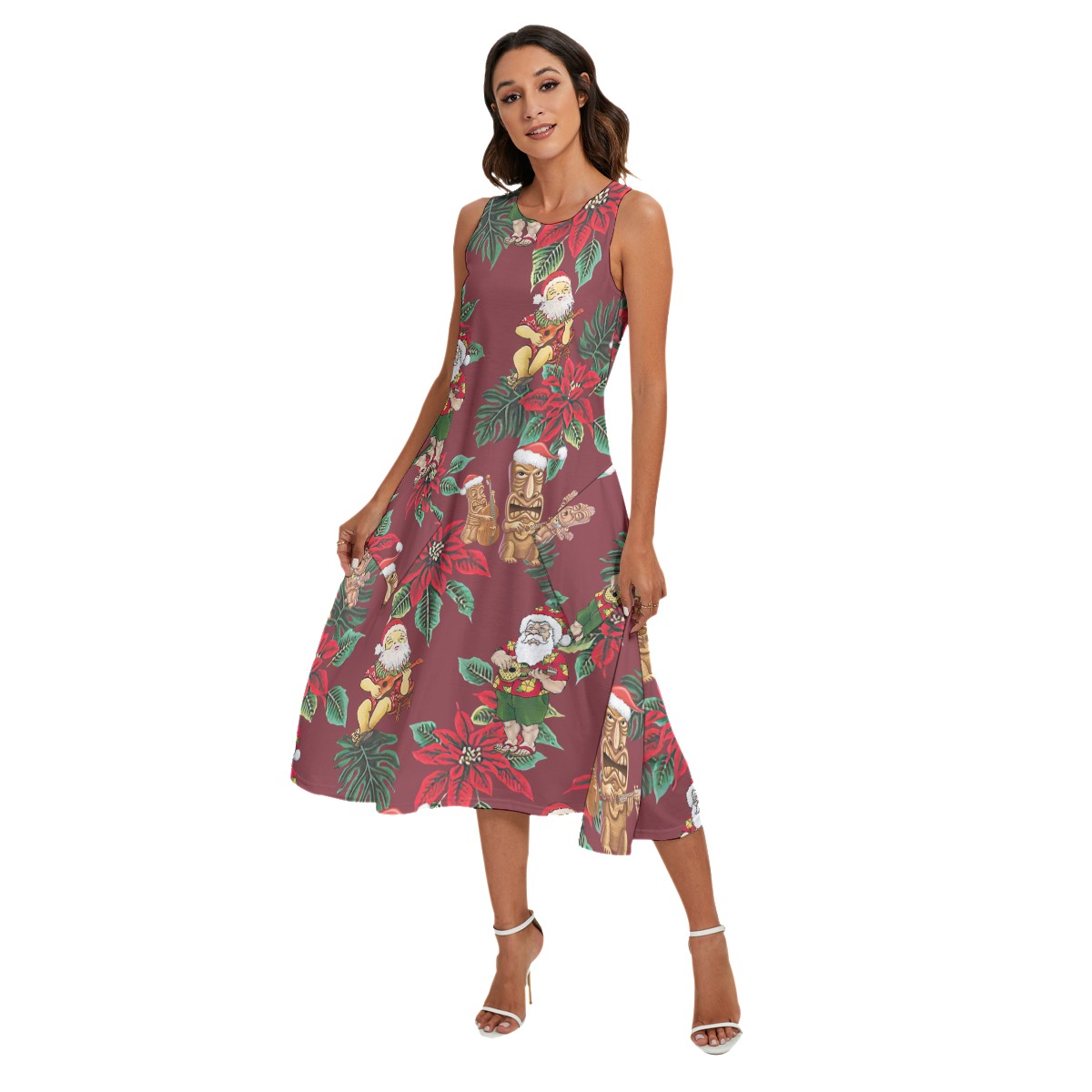 Christmas Tiki And Santa Hawaiian Dress With Pocket For Women