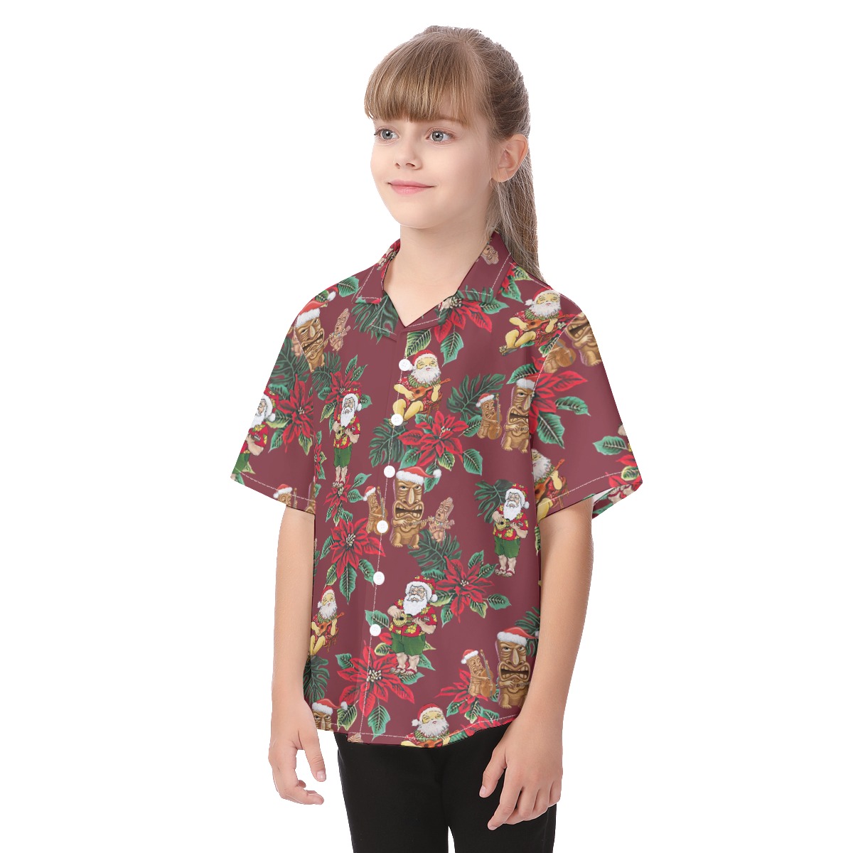 Cute Christmas Tiki And Santa Hawaiian Shirt For Kids