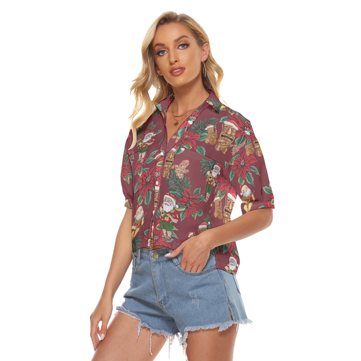 Santa Claus Playing Ukulele Aloha V-Neck Shirt For Women
