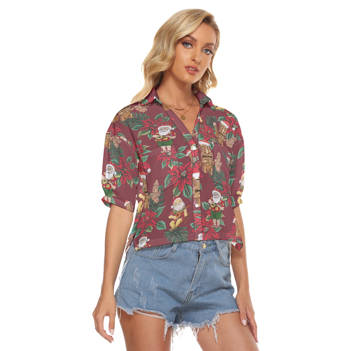 Santa Claus Playing Ukulele Aloha V-Neck Shirt For Women